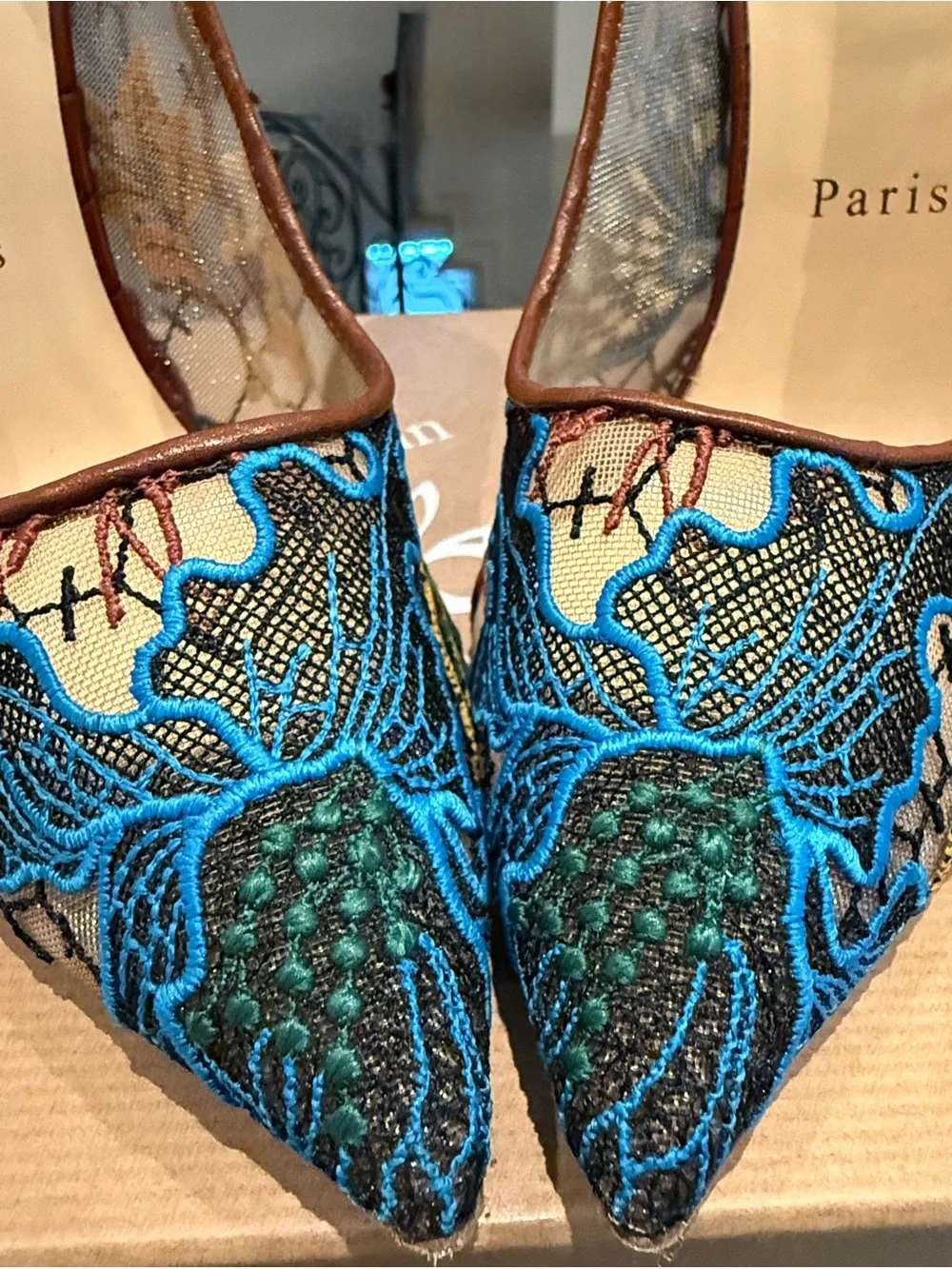 Christian Louboutin Blue and Green Embroidered Pointed Toe Pumps - Picture 2 of 8